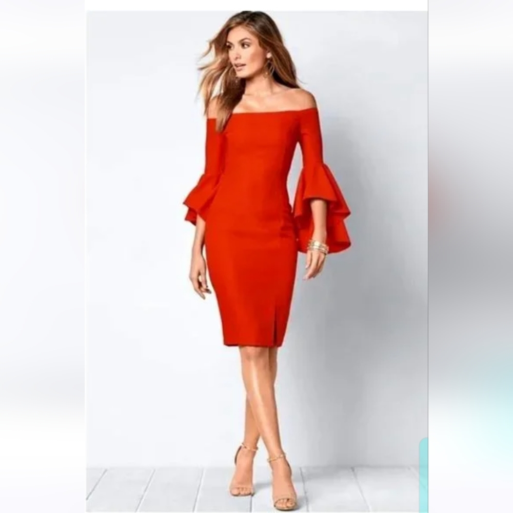 Venus Off The Shoulder Sheath Dress Bell Sleeve Orange size 2